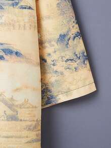 Retro Japanese Style Kimono Cover Up, Chinese Landscape Painting Print, Traditional Tang Suit, Casual Loose Hanfu, Summer Beach Cover-Up - Yellow - View 5