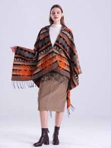 1件几何图案条纹流苏连帽斗篷披肩 - 彩色 - 查看 2