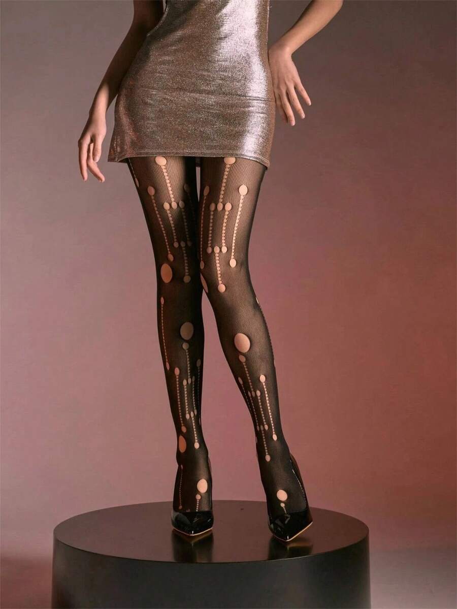 A Pair Of Fishing Net Leggings FIZZY Bubble Hole Pattern Y2K Mesh Black Party - Black - View 1