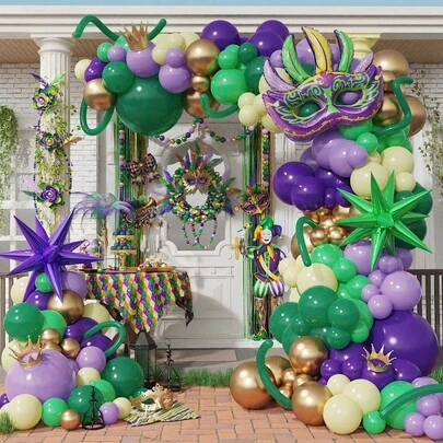 Carnival Purple Green Yellow Gold Balloon Garland Arch Kit 106Pcs With Large Mask Explosion Star Foil Balloons For Carnival Birthday Masquerade Party Decorations Fat Tuesday Party Supplies