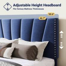 Allewie Full/Queen/King Size Bed Frame With Adjustable Velvet Upholstered Headboard, Rivet-Style Nailhead Trim Detail Platform Bed Frame, Wooden Slat Support, No Box Spring Needed, Easy Assembly, Blue - 藍色 - 查看 3