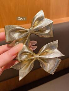 2pcs Gold Bow Hairclips, Fashionable Korean Style Sweet Hairpins Suitable For Daily Use - Gold - View 2