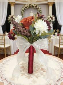 1件新娘伴娘捧花，人造金色玫瑰花束，婚礼派对装饰礼品 - 酒紅橙色 - 查看 4