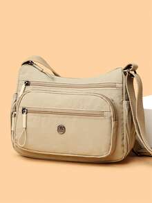 Bolso de hombro de nailon casual con correa ajustable, multicompartimento, unicolor, cierre con cremallera, forro de poliéster, bolso cruzado ligero y conveniente para uso diario - Caqui - Ver 3