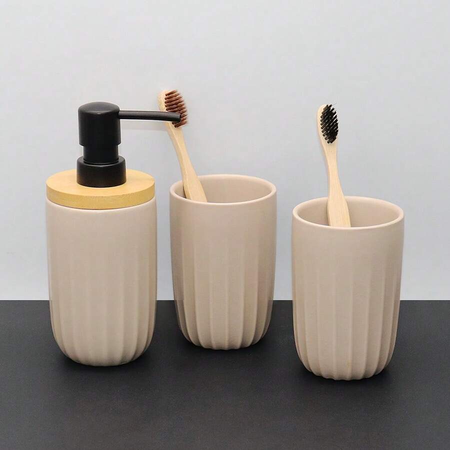 Bathroom Vanity Set, Striped Design Liquid Soap Dispenser, Lotion Dispenser Set, Toothbrush Holder, Freely Combinable, Handmade Ceramic Bathroom Accessories Set, Bathroom Ensemble - Khaki - View 1