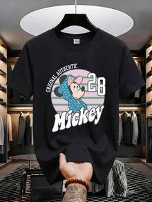 Disney 男士米奇老鼠T恤，印有28号图案，复古休闲圆领上衣，男装，嘉年华主题服装 - 黑色 - 查看 2