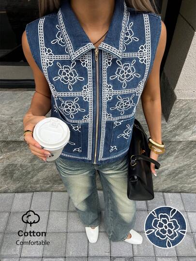 Women's Short Sleeveless Printed Denim Jacket