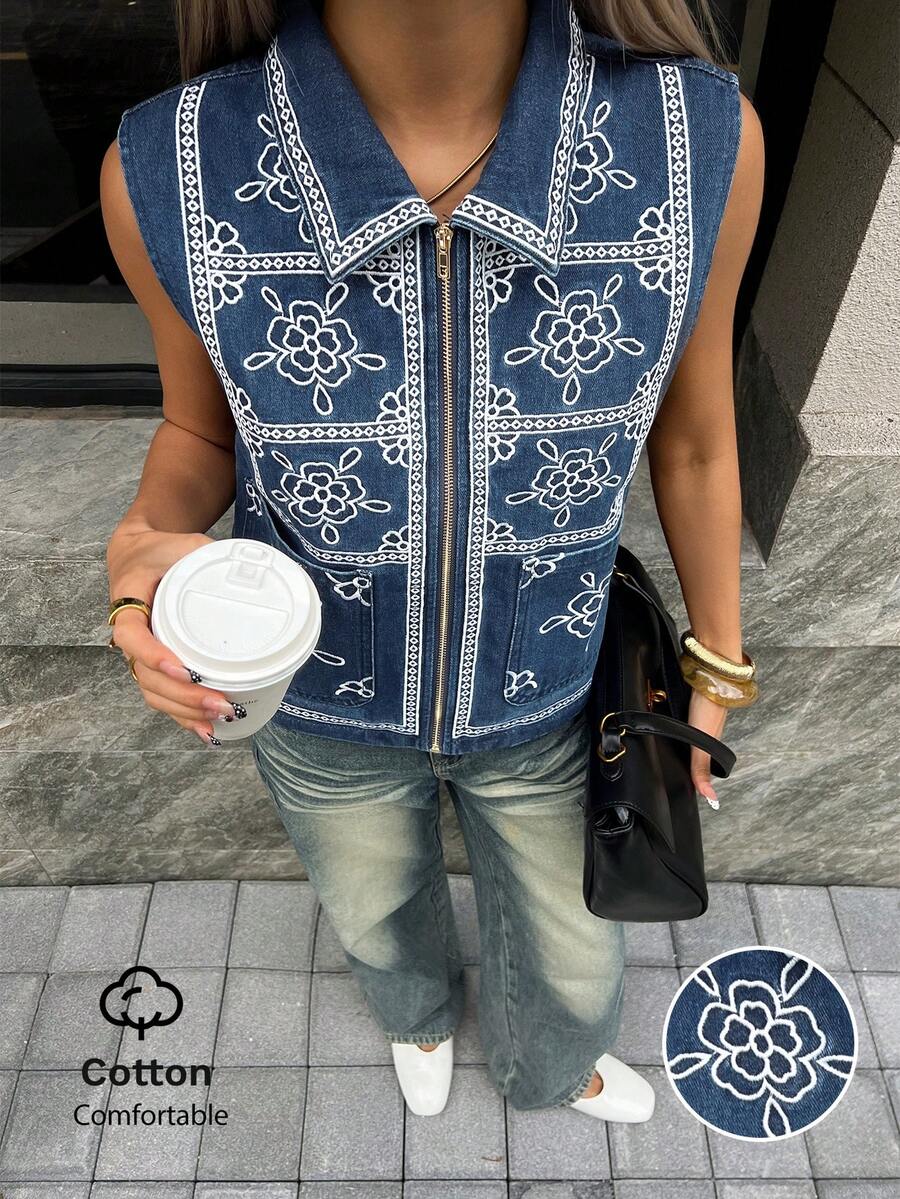 Women's Short Sleeveless Printed Denim Jacket - Dark Wash - View 1