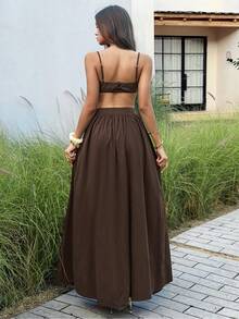 Unadoll 女士夏季性感背心和弹力百褶裙套装，适合约会、度假、情人节和旅行穿着 - 棕色 - 查看 2
