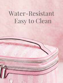 Cute Pink & White Stripe Makeup Bag With Compartments,Nylon Travel Essentials Cosmetic Bag Organizer Toiletry Bag For Women Girls, Simple Pink Portable Storage Bag With Four Different Sizes To Choose From, Suitable For Home Storage, Cosmetics Storage, Cute Appearance, Suitable As A Gift - 手持雙層(粉紅色) - 查看 3