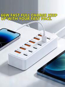 12端口66W快充站 | 6个Type-C PD接口 + 6个USB-A接口，单端口25W，小巧便携，适用于旅行、家庭、办公室、桌面等多种设备，低温快充，支持笔记本电脑/手机/平板电脑等多种设备充电 - 白色 - 查看 2