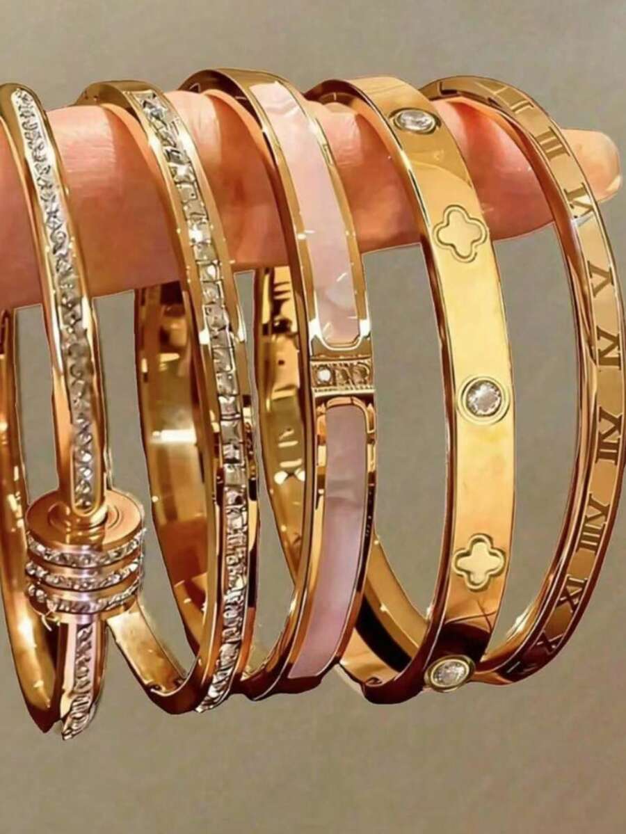 5件套简约优雅奢华闪亮星形手链，女士高端钛钢手链 - 金色 - 查看 1