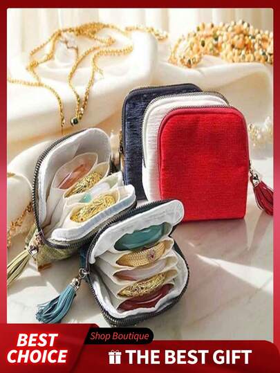 1pc Portable Mini Jewelry Travel Storage Pouch, With Tassel Zipper Design, Suitable For Bracelets, Necklaces, Large Earrings, Beaded Jewelry