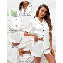 Silk Pajamas, Short Sleeve Button-Down Satin Pajama Set, Ruffle Design - Beige - View 3