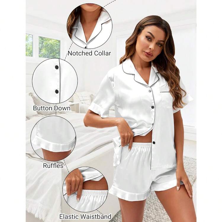 Silk Pajamas, Short Sleeve Button-Down Satin Pajama Set, Ruffle Design - Màu be - Xem 3