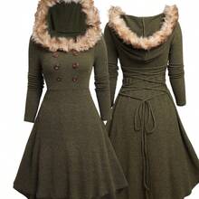 Women's Winter Hooded Dress - Adjustable Waist Design, High-Elasticity Fit-And-Flare Maxi Gown - xanh quân đội - Xem 2