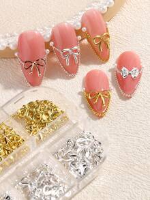 1 Box Cut Out-Schleifen Nageldekoration - Gold & Silber 3D Schleifen-förmiger Nagel-Schmuck mit Metallperlen, DIY Nail Art Zubehör - Verschiedenfarbig - Übersicht 6
