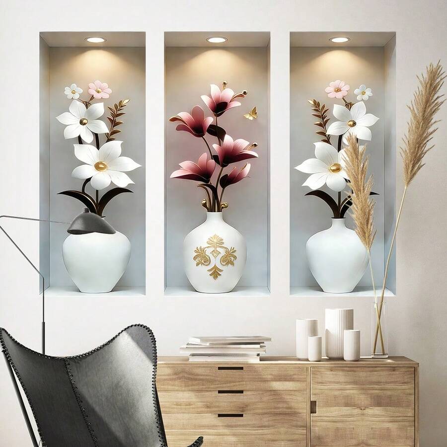 3 件套现代金银花卉艺术墙贴,独特花瓶花卉设计,可移除乙烯基贴纸,适用于家庭办公室装饰、卧室和客厅背景墙、家居装饰 - 多色 - 查看 1
