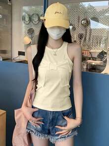 修身蝴蝶结提花青春设计吊带背心休闲 - 杏色 - 查看 2