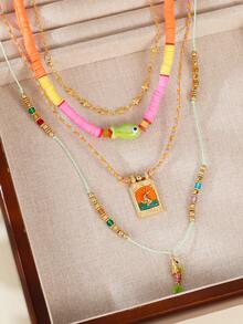 Bộ 4 dây chuyền hình cá biển phong cách Bohemian bằng đất sét mềm, có thể xếp chồng nhiều lớp, phù hợp cho phụ nữ đeo trong các bữa tiệc bãi biển, tụ họp hoặc mọi mùa. - Nhiều màu - Xem 4