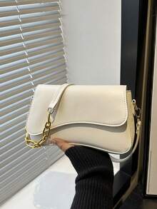 1pc Minimalist Solid Color Flap Shoulder Bag, Classic Textured Crossbody Bag, Women Handbag - White - View 7