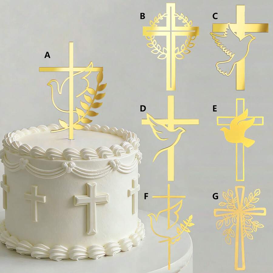 1个/3个/6个金色亚克力十字架蛋糕装饰插牌，带叶子图案，适用于洗礼、圣餐派对装饰 - 多色 - 查看 1