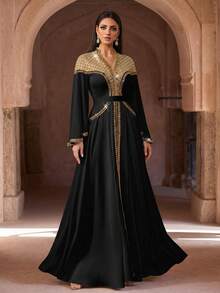 Elegant Lime Green Embroidered Formal Long Robe, Decorated With Beaded Corset And Bell Sleeves, Arabic Long Robe, Suitable For Women, Party Robe, Muslim Evening Robe, Formal Robe, Modest And Decent Style - Black - View 7