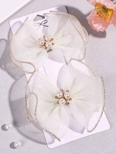 2pcs Beige Mesh Hair Clips For Girls , Eegant Pearl Bow Alligator Clips, Solid Color Sheer Hair Clips For Spring Daily,School,Vacation, Wedding Party Hairpin, Fairy Princess Girls Hair Barrettes ,Girly Cute Hair Accessory