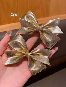 2pcs Gold Bow Hairclips, Fashionable Korean Style Sweet Hairpins Suitable For Daily Use - Gold - View 3
