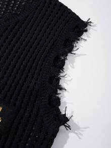 Graphic Letter Street Style Unisex Sweater Vest, Collegiate Minimalist Fashion Casual Pullover Short Sleeve Knit Top, Spring/Autumn - Black - View 6