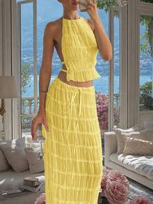 Conjunto de vestido maxi con camisola sin espalda, de gasa con volantes multicapa y encaje, elegante y romántico de 2 piezas, adecuado para Navidad, fiestas, gótico, boda y otras ocasiones - Amarillo claro - Ver 8