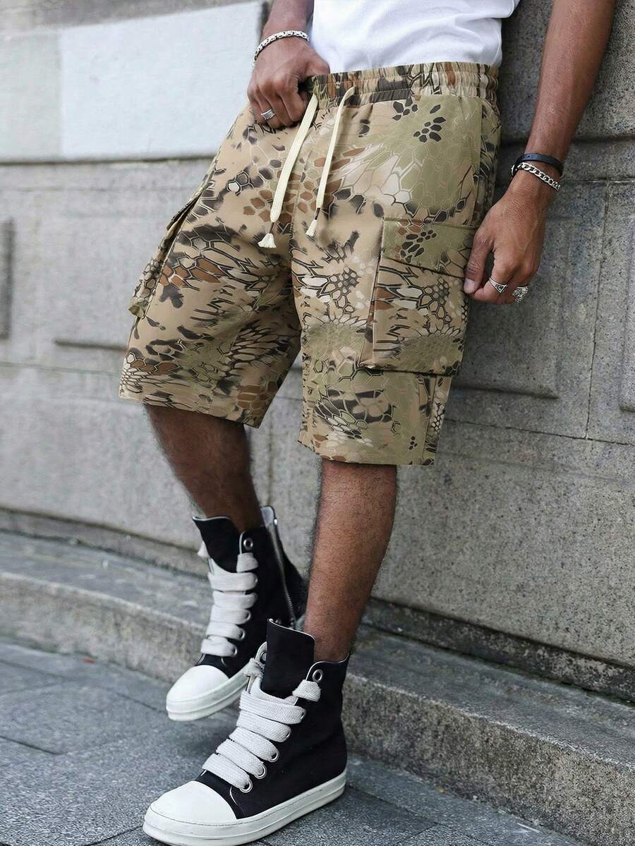 男士夏季休闲百搭蛇纹迷彩多口袋时尚工装七分裤 - 黃色 - 查看 1