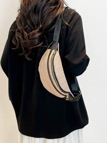 编织胸包，多功能斜挎包，拼接腰包，时尚多功能运动休闲女士胸包/腰包 - 黑色 - 查看 5