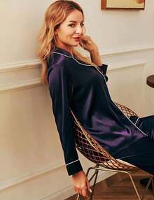 Valentine's Day Limited High-End Fashion Satin Silk Women's Pajama Set Long Sleeve Button-Down Sleepwear XS-3XL Comfortable Warm Loungewear - Màu tím đậm - Xem 3