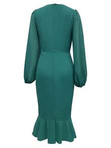 Đầm dự tiệc tay bồng bèo nhún màu trơn thanh lịch - màu xanh lá - Xem 4