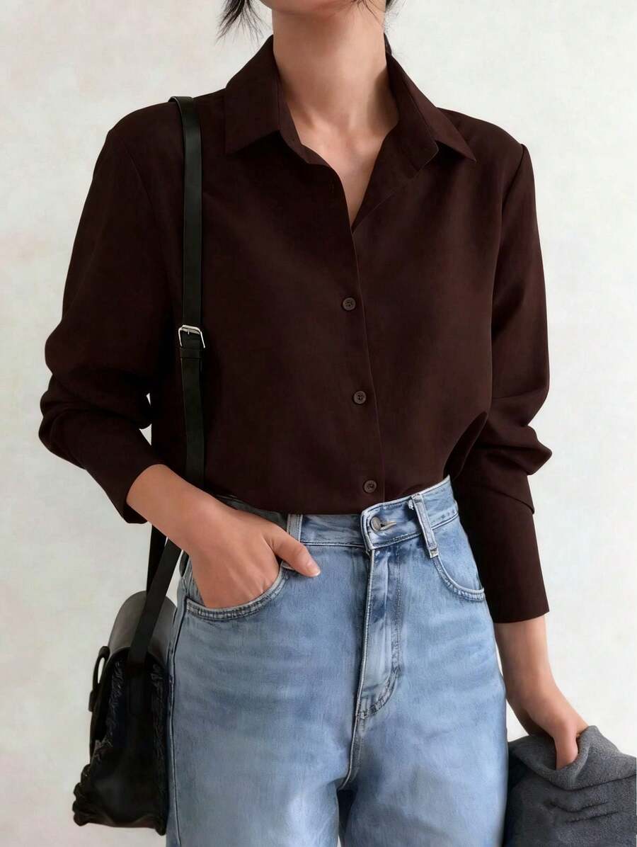 ISADORA MODA Women's Long-Sleeved Shirt, Polyester Fabric, One Button On The Cuffs, Available In White And Black, Sizes S, M, L - 咖啡棕 - 查看 1