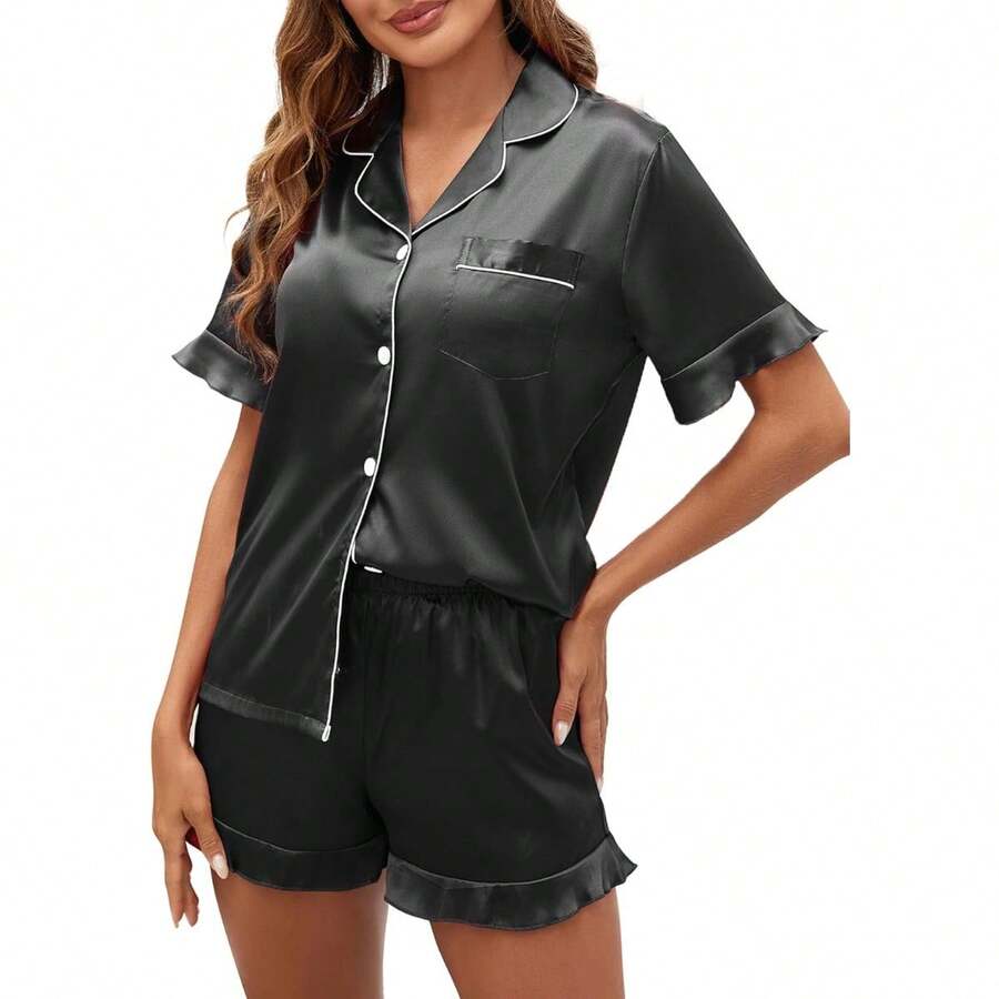 Silk Pajamas, Short Sleeve Button-Down Satin Pajama Set, Ruffle Design - Army Green - View 1