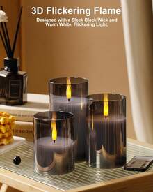Rechargeable Flameless Candle, LED Flickering Candles Tea Lights Pillar Candles Sets With Adjustable Brightness And Timing Remote, Battery Operated Acrylic USB Candles (D 3"*H 4"5"6") - Grey - View 3