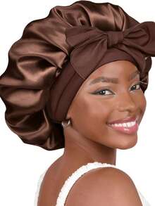 1pc/4pcs Women Satin Ribbon Bow Elastic Headband, Hair Band, Beauty Salon Headpiece, Satin Sleep Cap, Satin Bonnet - Coffee Brown - View 8