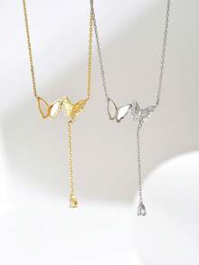 1件时尚蝴蝶锆石吊坠项链，精致流苏设计锁骨链饰品，适合女士宴会、派对、节日和日常佩戴 - 項鍊 - 查看 3