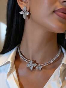 Best-Selling Floral Open Choker Necklace & Earrings Set, Luxury Elegant Jewelry Set, Women Accessories Set - Silver - View 1