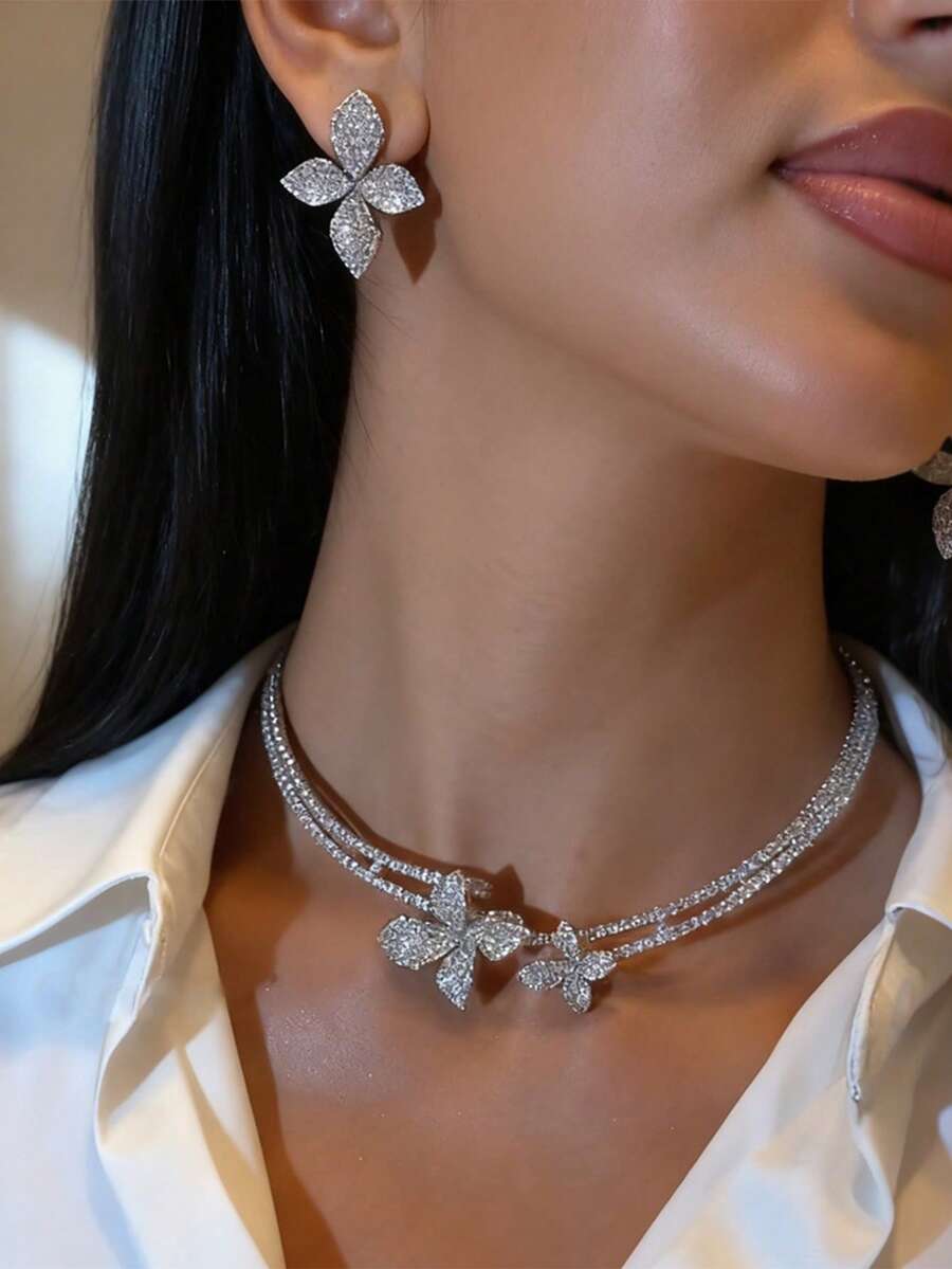 Best-Selling Floral Open Choker Necklace & Earrings Set, Luxury Elegant Jewelry Set, Women Accessories Set - Silver - View 1
