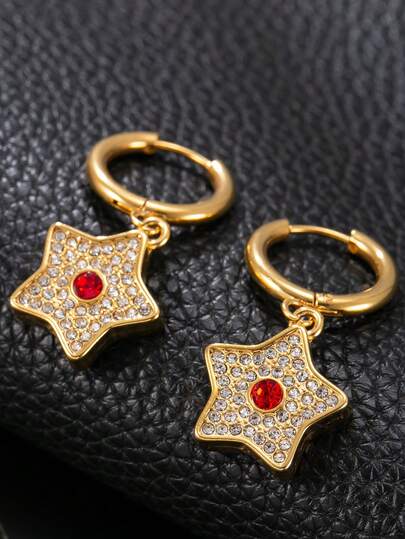 2 piezas Pendientes de acero inoxidable con estrella de rhinestone de moda hip-hop, adecuados para el atuendo diario de los hombres, festivales, citas, compromisos, bodas, regalos