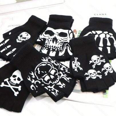 6 guantes de pantalla táctil de esqueleto no pesados, de media manga, con diseño de garra fantasma, de lana tejida, para mujer, para otoño e invierno, de cinco dedos, cálidos y resistentes al frío, para hombres
