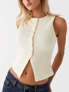 Women Y2k Button Down Tank Tops Casual Summer Ribbed Sleeveless Tees Shirts Basic Slim Fit Vest Shirts Aesthetic Crop Tops Streetwear - 杏色 - 查看 4