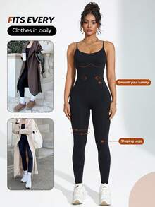 女士瑜伽连体裤，无袖紧身连体裤，贴身打底休闲黑色夏季优雅款 - 黑色 - 查看 3