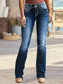 Micro Embroidered Stretch Jeans - Comfortable, Soft, Breathable, Suitable For Casual Denim Women's Wear - Blue - View 5