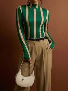 女士秋冬高领条纹T恤衫，休闲日常穿着（JH25167） - 綠色 - 查看 6