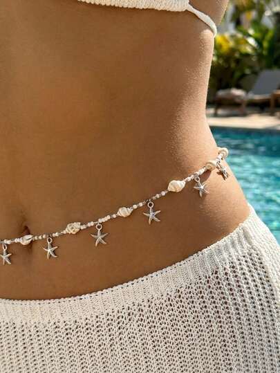 1 chiếc thắt lưng đính hạt hình sao biển và vỏ sò phong cách Bohemian mùa hè, thích hợp cho đi biển, du lịch, mặc hàng ngày và làm quà tặng [Phụ kiện, Màu ngẫu nhiên]