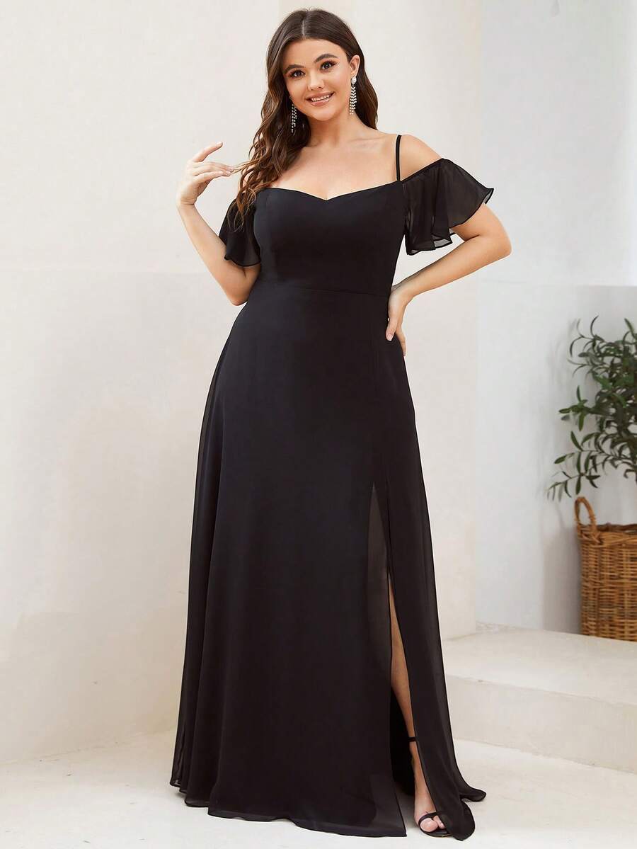 EVERPRETTY 優雅浪漫大尺碼女款露肩伴娘禮服 婚禮派對黑色